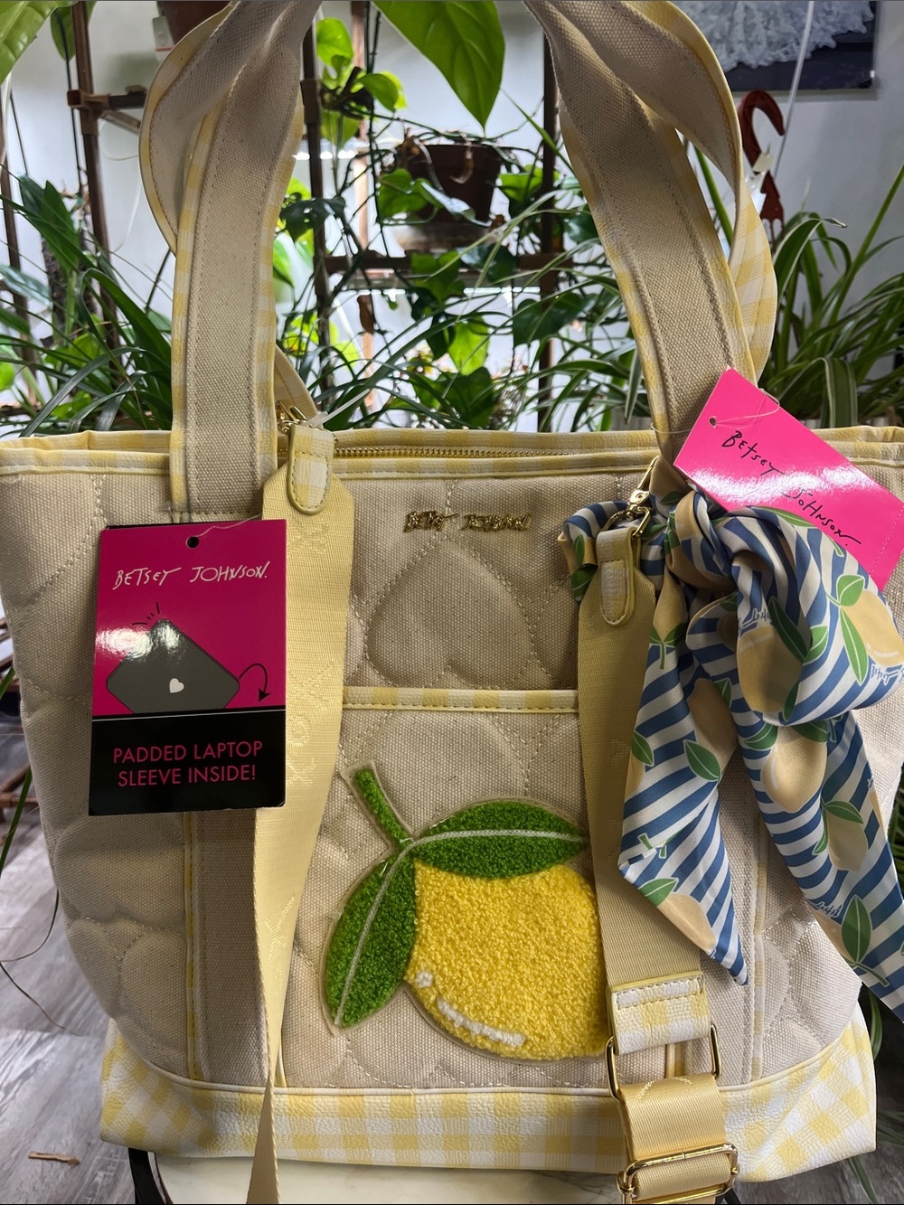 Betsey Johnson Cream and Yellow Lemon Patch Tote with Scarf Accent